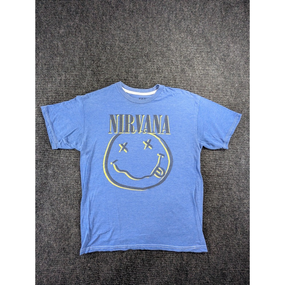 FEA Merchandising Nirvana Smiley Face T Shirt Mens Medium Blue Graphic Cotton